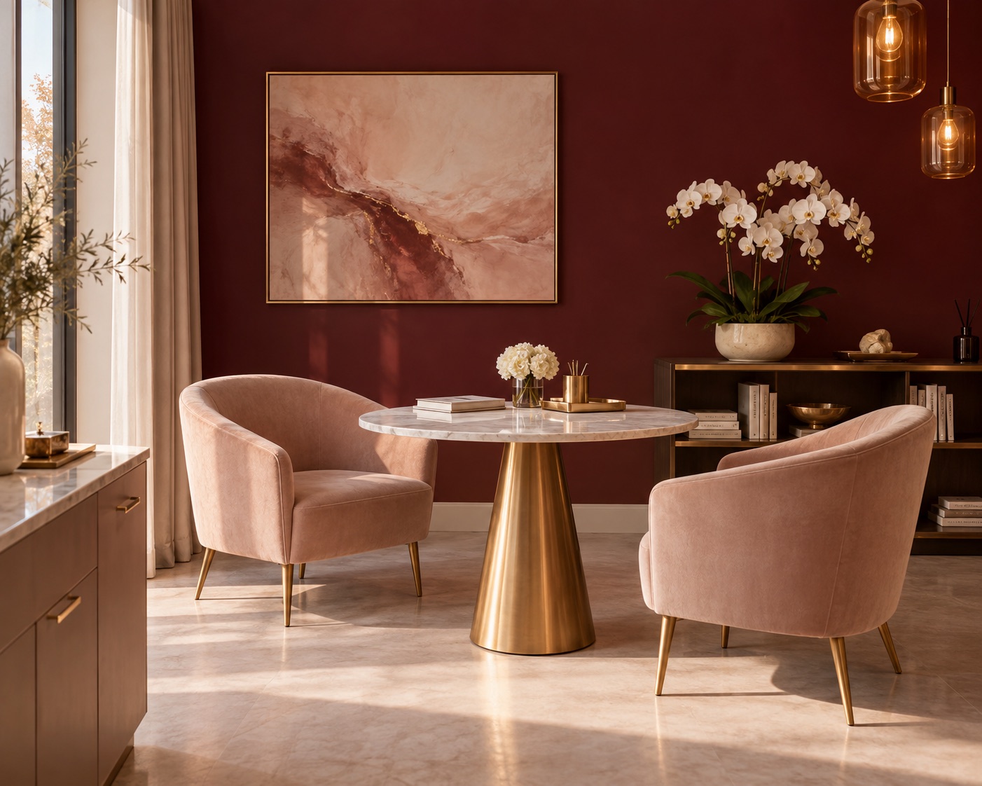 Duas poltronas nude em volta de mesa de mármore com base dourada, parede bordô e orquídeas